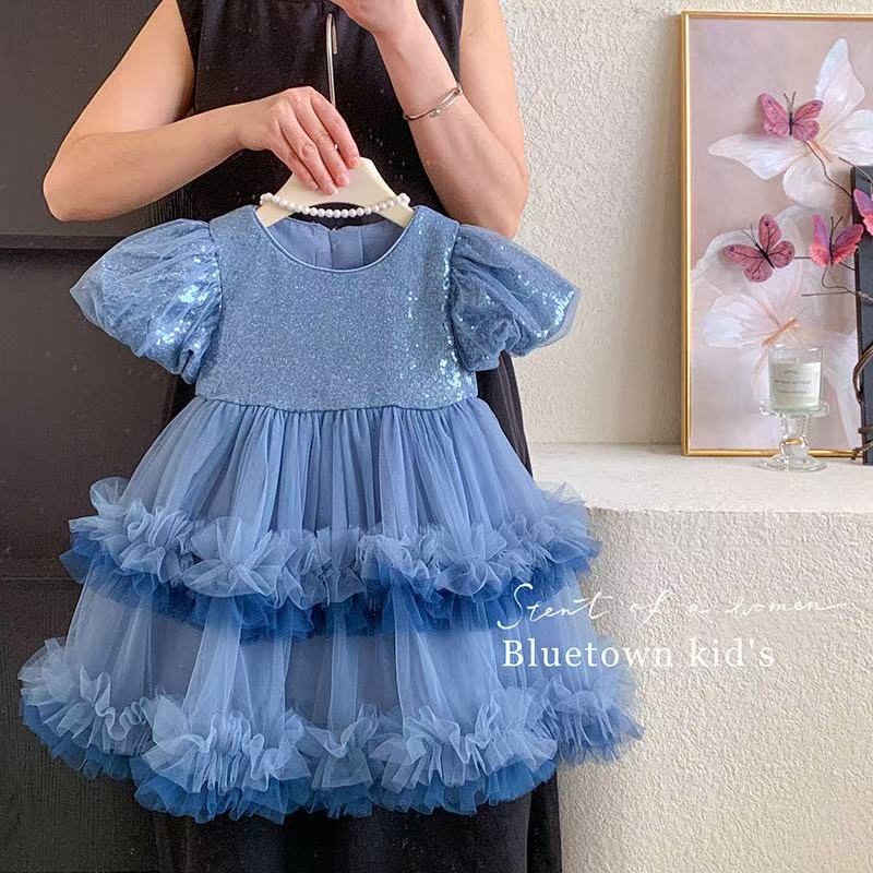 Cute puff - sleeve gradient tulle dress