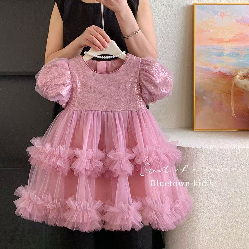 Cute puff - sleeve gradient tulle dress