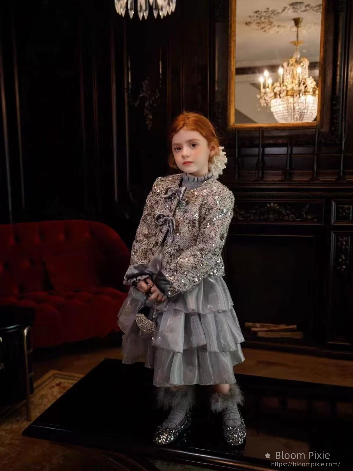 ✨Elegant Silver - Grey Sequined Tulle Dress for Girls✨