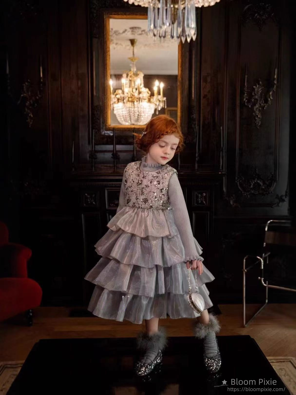 ✨Elegant Silver - Grey Sequined Tulle Dress for Girls✨