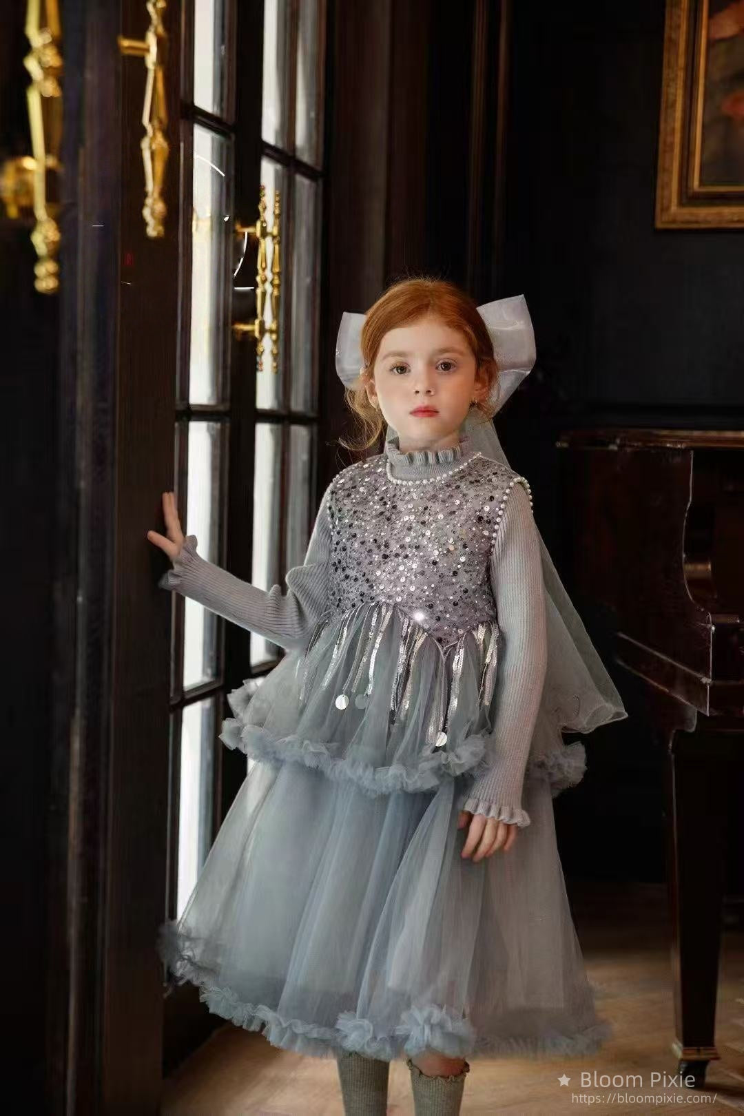 ✨Elegant Silver - Grey Sequined Tulle Dress for Girls✨