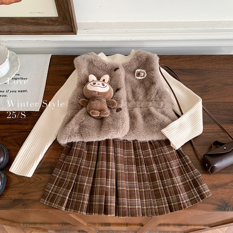 Girls dress autumn and winter 2025 new foreign style children's fur vest long-sleeved sweater plush skirt three-piece set