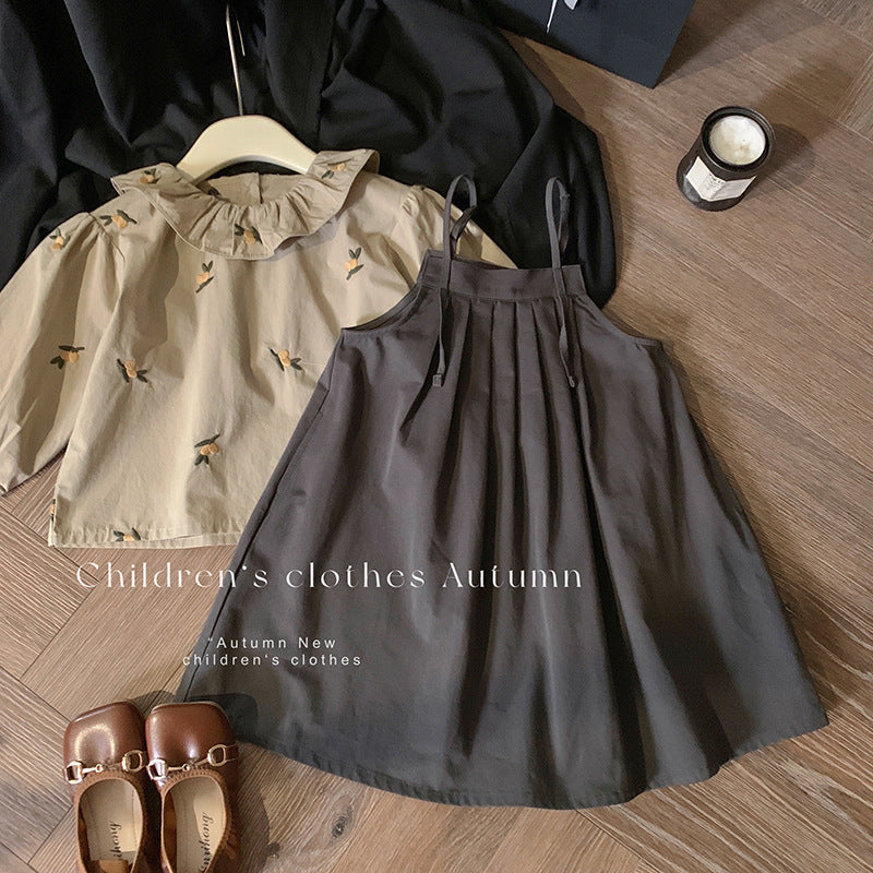 Korean version of children's clothing girls' suit 2025 spring children's foreign style retro embroidered lotus leaf collar shirt pleated strap skirt