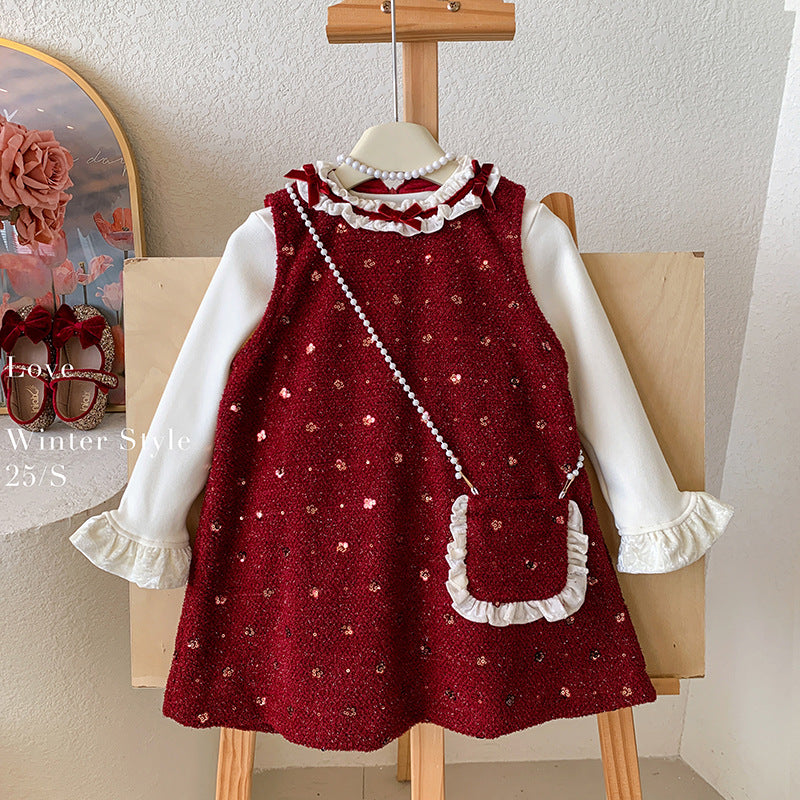 Girls Autumn and Winter Foreign Style Girls Sleeveless Fleece Sequin Fragrant Dress Bottom Fleece Top Two-piece Set