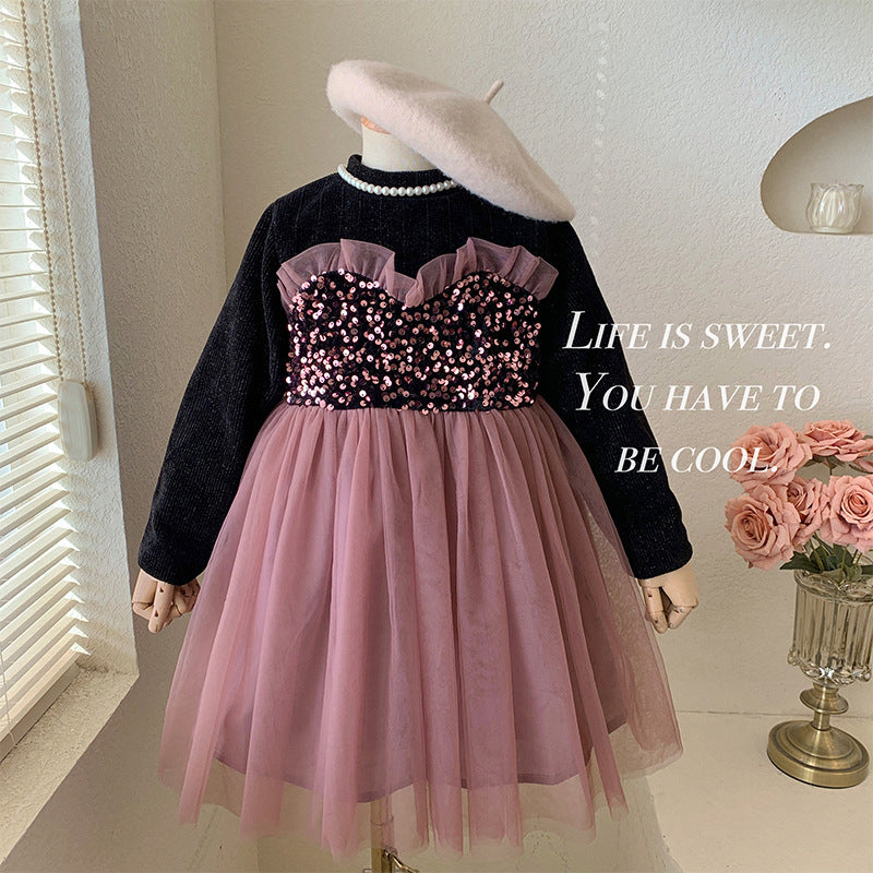 Girls dress 2025 spring and autumn new children's temperament sequined princess dress baby fleece thickened mesh skirt
