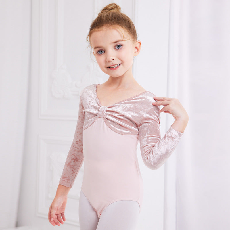 Velvet Bow Ballet Leotard for Kids(Include a pair of shoes and tights as a gift)