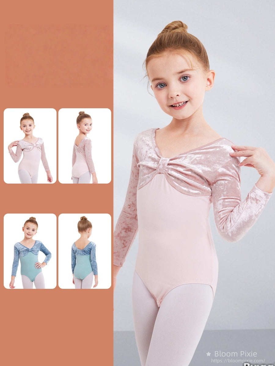 Velvet Bow Ballet Leotard for Kids(Include a pair of shoes and tights as a gift)