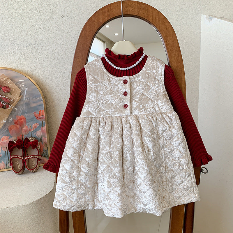 Korean version of girls' autumn and winter padded vest dress knitted top without velvet fashion foreign style two-piece set