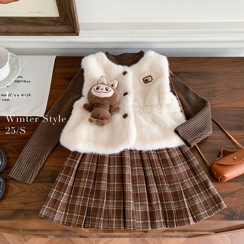 Girls dress autumn and winter 2025 new foreign style children's fur vest long-sleeved sweater plush skirt three-piece set
