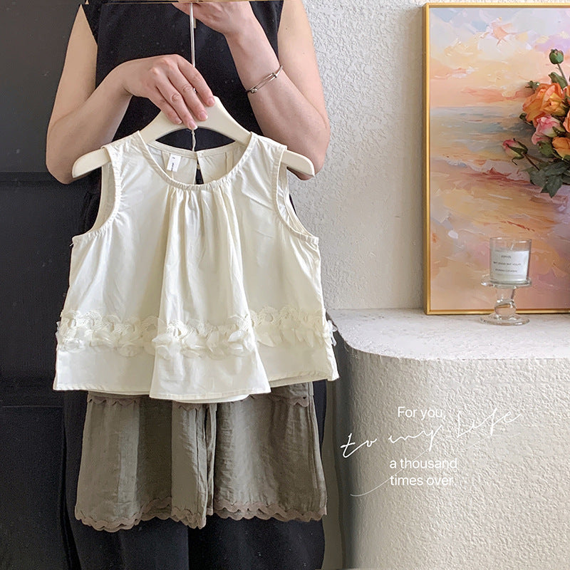 Korean version of children's clothing girls' suit 2025 new children's foreign fashion lace splicing vest skirt girls two-piece set