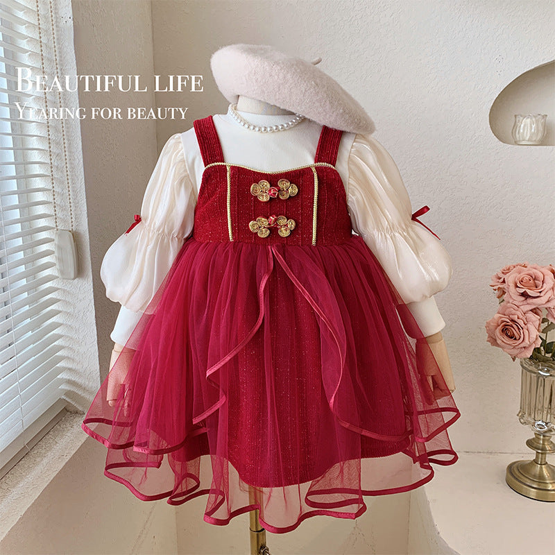 Girls' suit skirt winter 2025 new foreign style baby red New Year's dress velvet thickened princess skirt two-piece set
