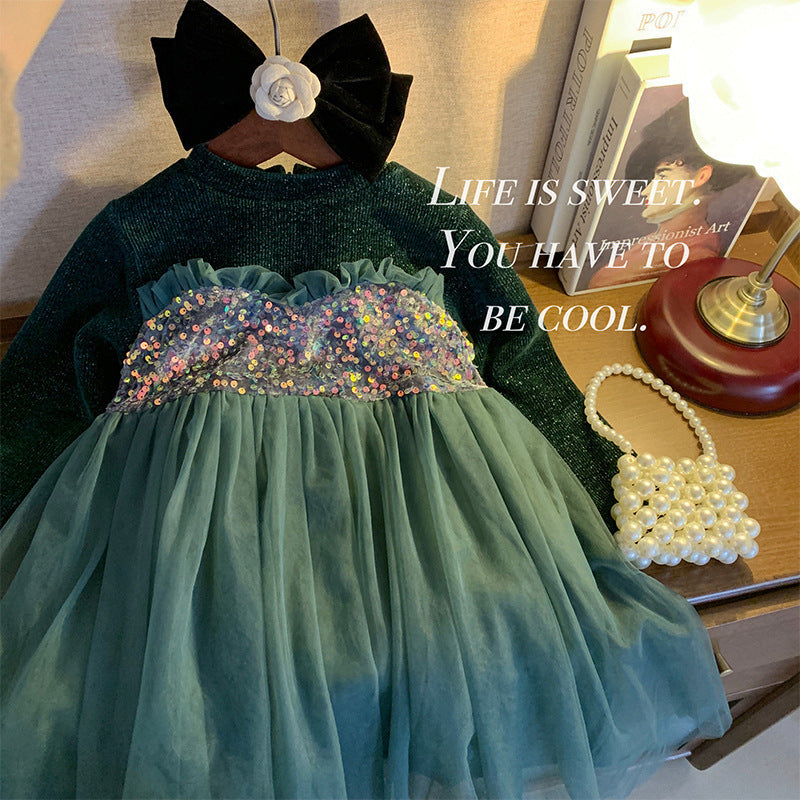 Girls dress 2025 spring and autumn new children's temperament sequined princess dress baby fleece thickened mesh skirt