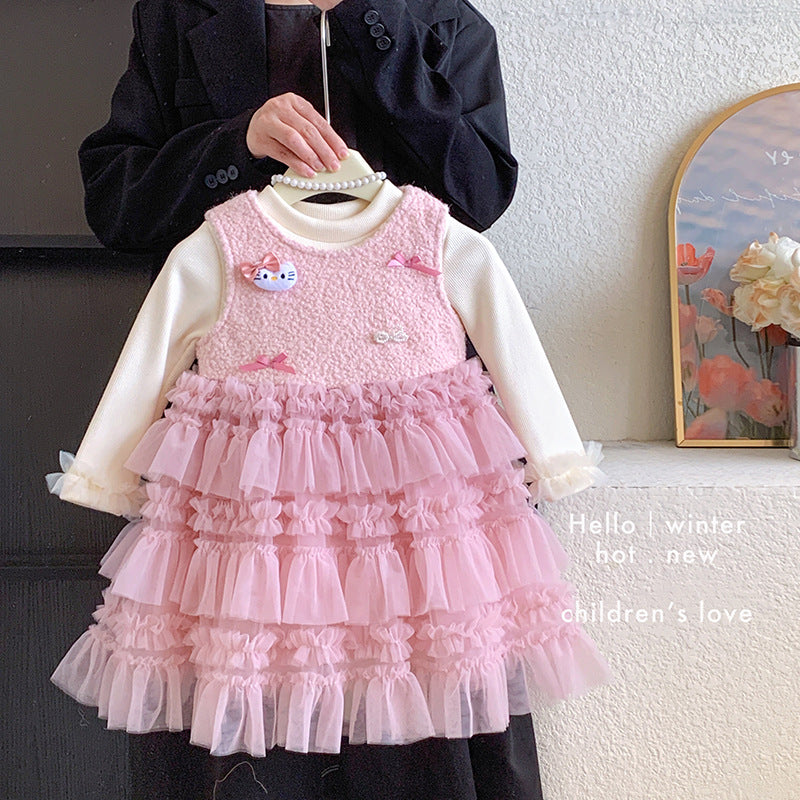 Girls dress winter 2025 new velvet primer sleeveless velvet kt cat cake dress two-piece set