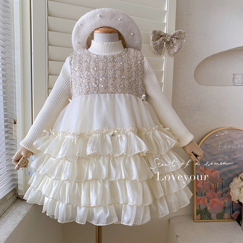 Girls autumn and winter 2025 new sleeveless sequined fleece dress without fleece knitted top two-piece set