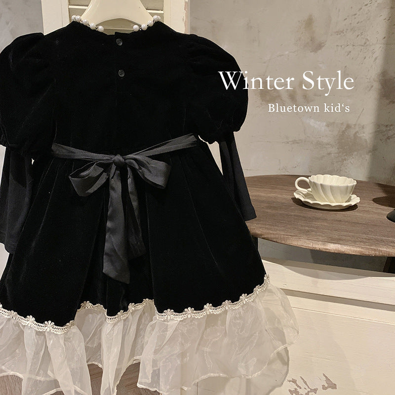 2025 winter children's clothing girls princess dress foreign style Hepburn style black dress velvet thickened dress skirt tide