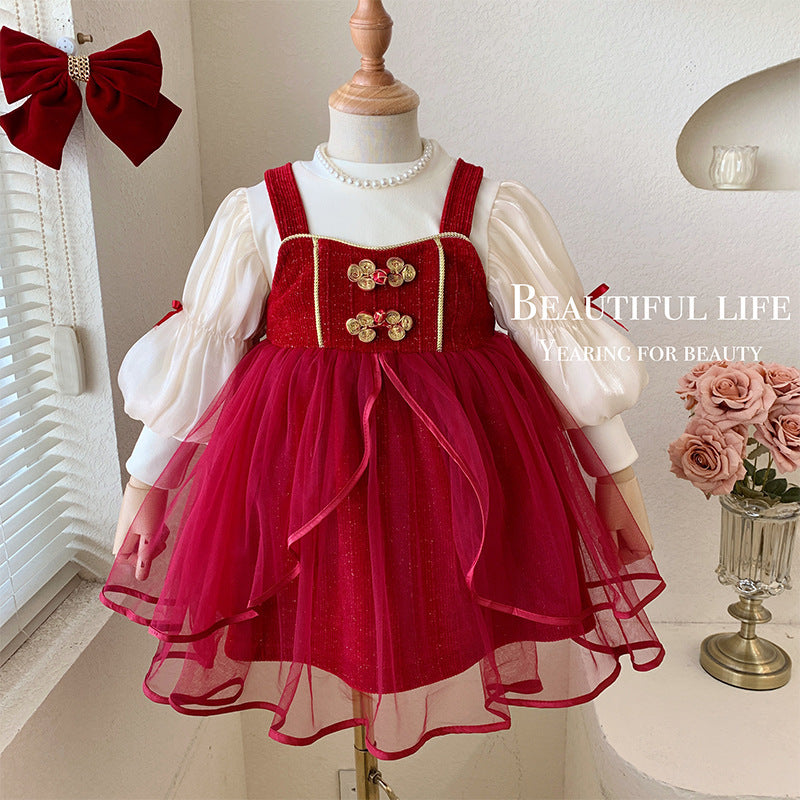 Girls' suit skirt winter 2025 new foreign style baby red New Year's dress velvet thickened princess skirt two-piece set