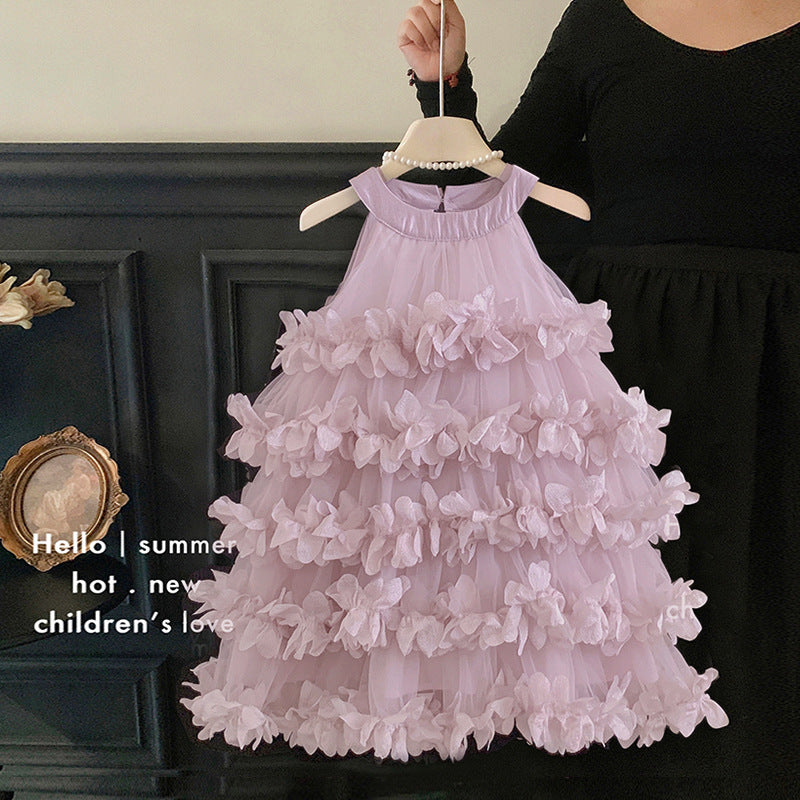 Princess dress girls summer 2025 new fashion neck layer petal fairy dress little girl cake dress