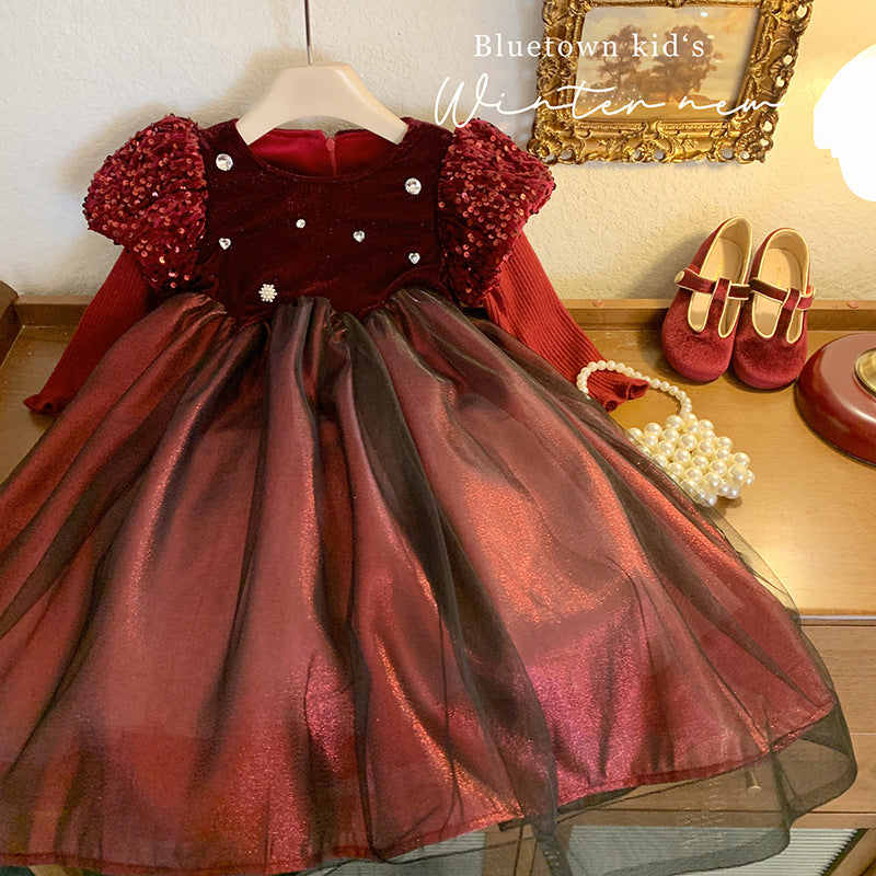 Children's clothing Girls' premium heavy industry dress Autumn and winter sleeves Thickened skirt Fleece dress Female treasure Birthday princess dress