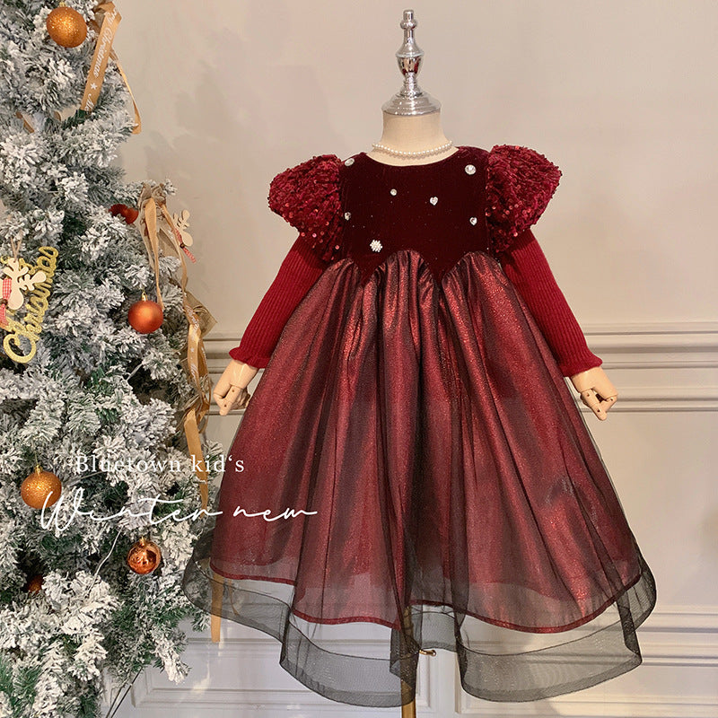 Children's clothing Girls' premium heavy industry dress Autumn and winter sleeves Thickened skirt Fleece dress Female treasure Birthday princess dress