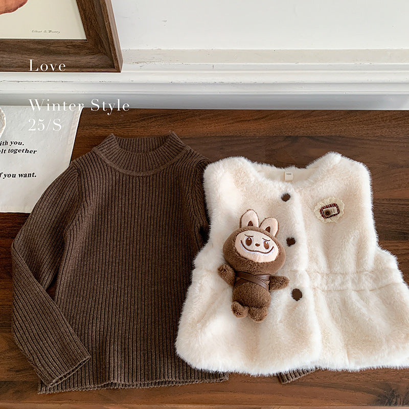 Girls dress autumn and winter 2025 new foreign style children's fur vest long-sleeved sweater plush skirt three-piece set