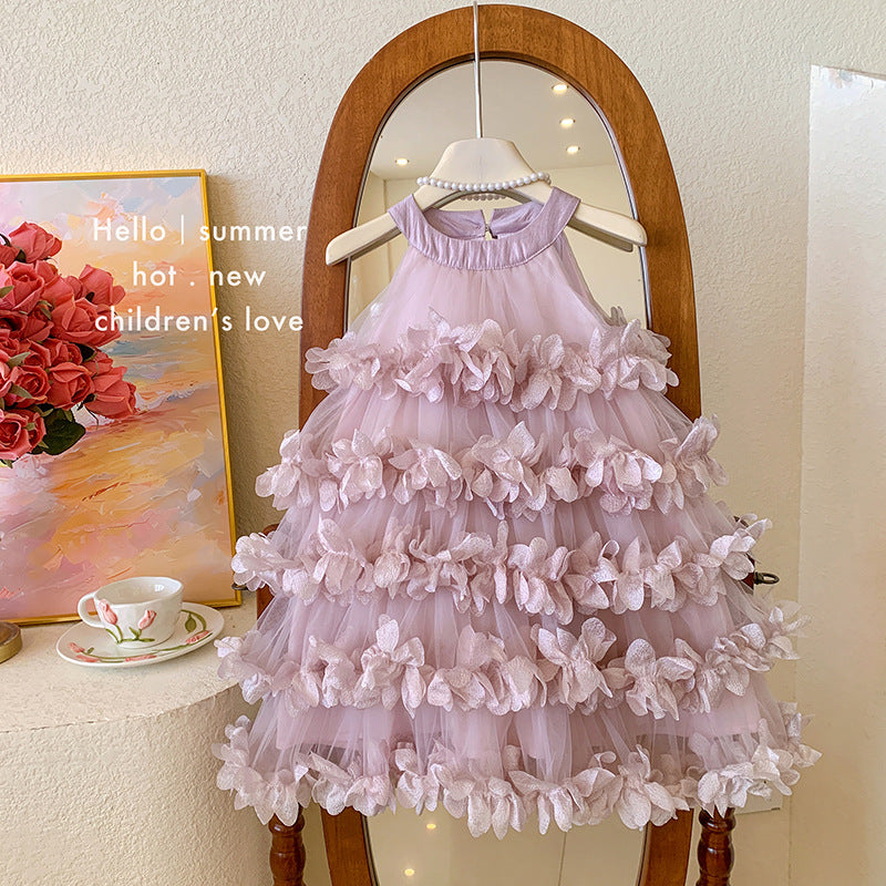 Princess dress girls summer 2025 new fashion neck layer petal fairy dress little girl cake dress
