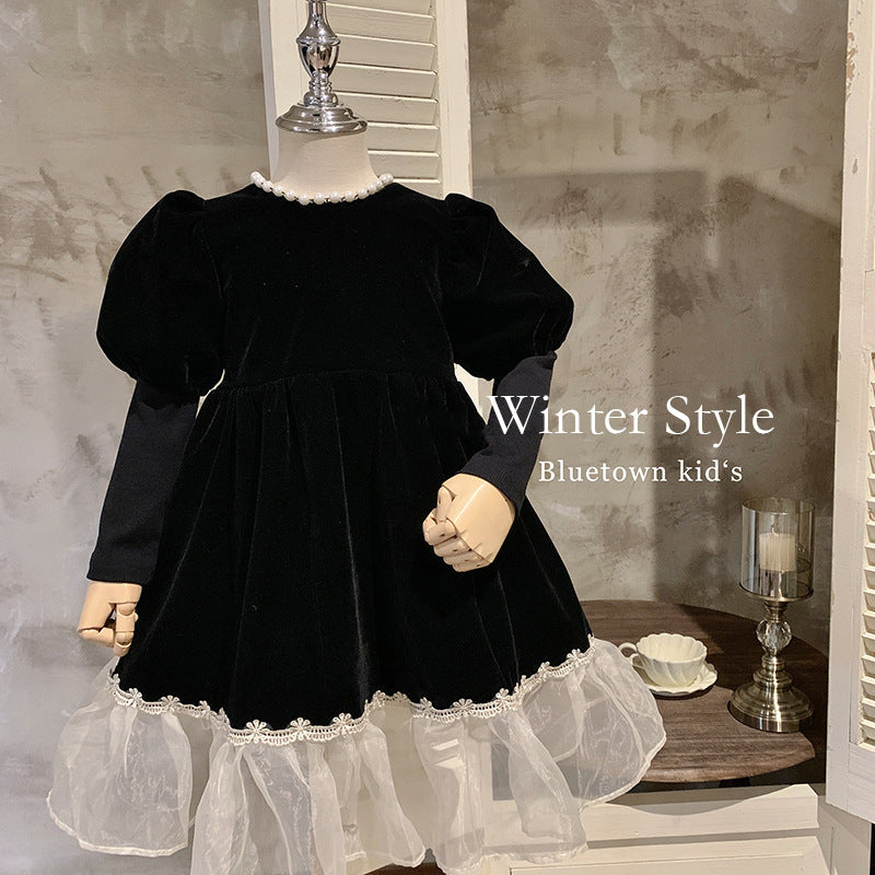 2025 winter children's clothing girls princess dress foreign style Hepburn style black dress velvet thickened dress skirt tide