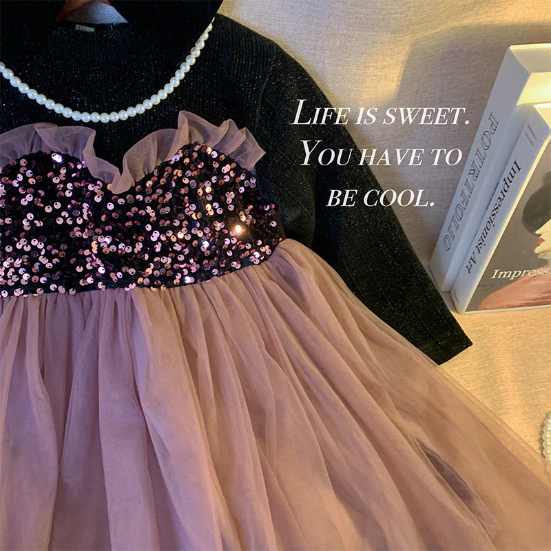 Girls dress 2025 spring and autumn new children's temperament sequined princess dress baby fleece thickened mesh skirt