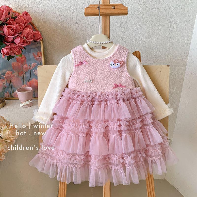 Girls dress winter 2025 new velvet primer sleeveless velvet kt cat cake dress two-piece set