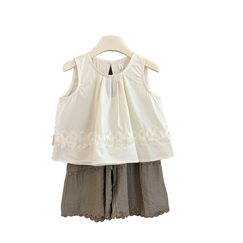 Korean version of children's clothing girls' suit 2025 new children's foreign fashion lace splicing vest skirt girls two-piece set
