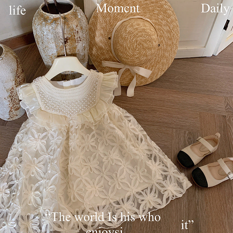 Girls dress 2024 summer new girls vest skirt little girl foreign princess hollow flower skirt