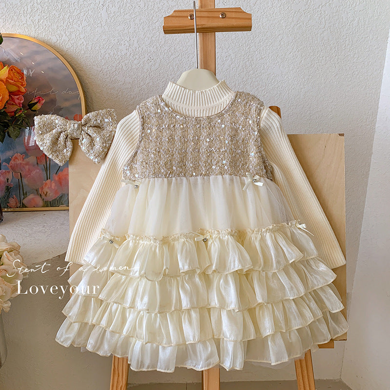 Girls autumn and winter 2025 new sleeveless sequined fleece dress without fleece knitted top two-piece set