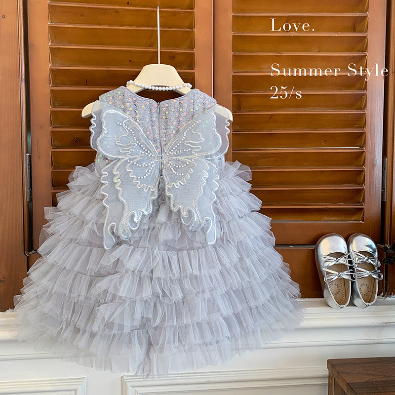 New Children's Butterfly Wings Fluffy Mesh Princess Dress Little Girl Cake Dress