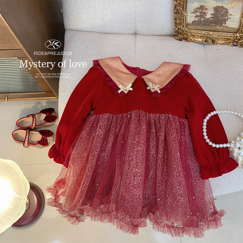 Girls dress autumn and winter new 2025 children's red new year dress skirt girl baby fluffy yarn princess dress