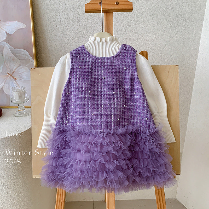 Korean version of girls' autumn and winter sleeveless back bow velvet small fragrant vest skirt without velvet knitted top two-piece set