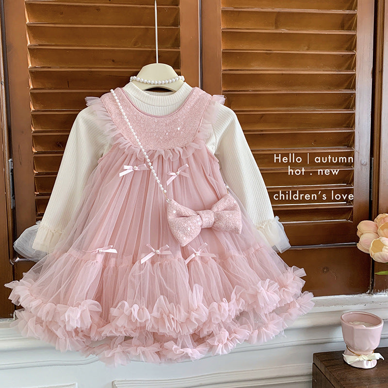 Foreign baby girl bottoming top sleeveless bow puffy dress two-piece set