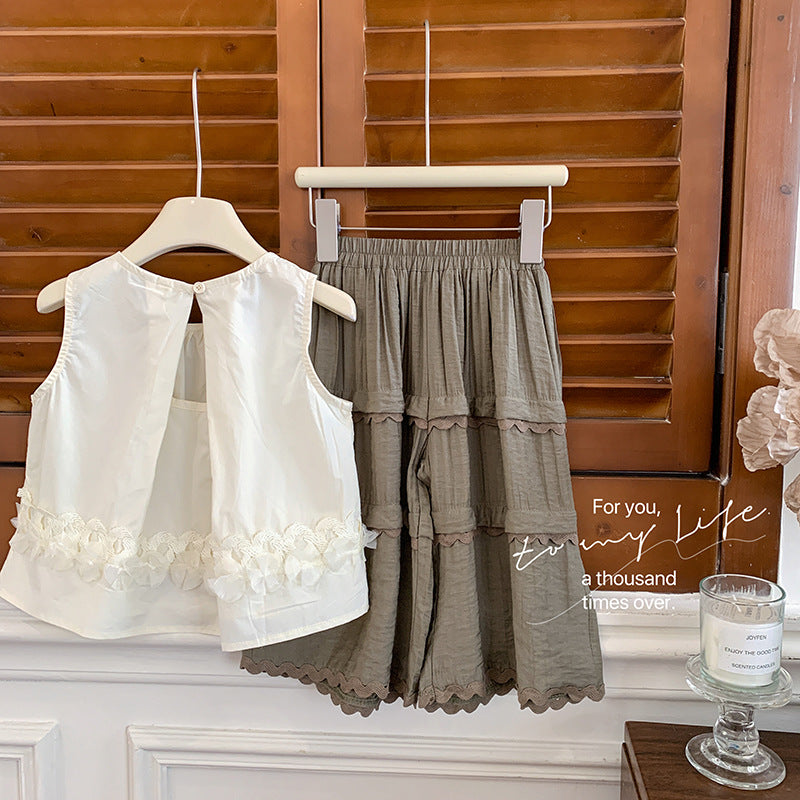 Korean version of children's clothing girls' suit 2025 new children's foreign fashion lace splicing vest skirt girls two-piece set