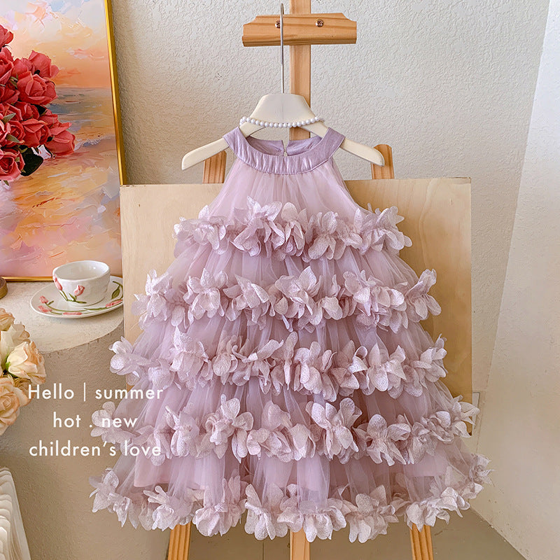 Princess dress girls summer 2025 new fashion neck layer petal fairy dress little girl cake dress