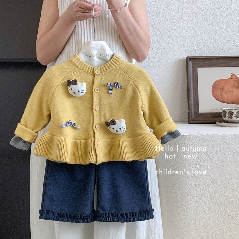 Girls' knitted vest, lace doll collar top, and wide-leg pants three-piece set for autumn children's clothing