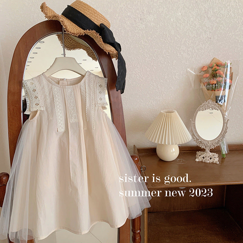 Beige mesh stitching large skirt sleeveless lace vest dress princess dress