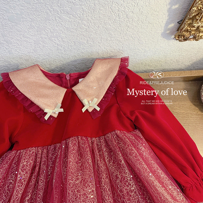 Girls dress autumn and winter new 2025 children's red new year dress skirt girl baby fluffy yarn princess dress