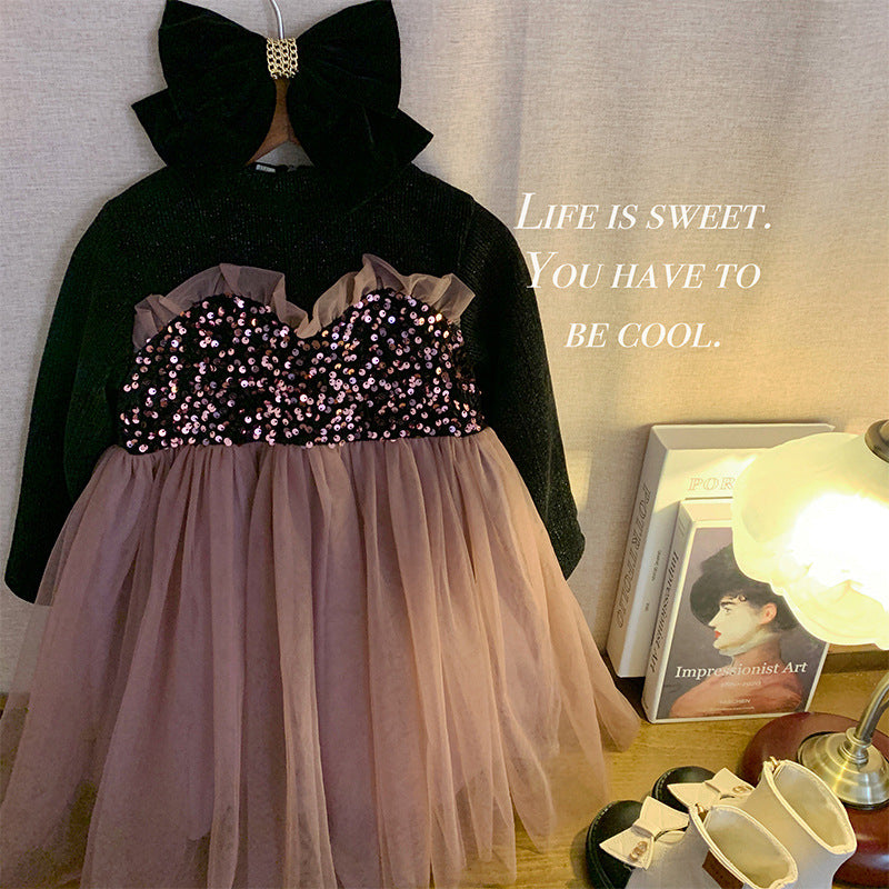 Girls dress 2025 spring and autumn new children's temperament sequined princess dress baby fleece thickened mesh skirt