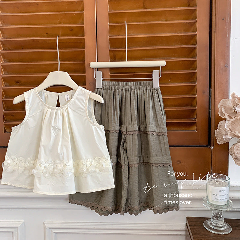 Korean version of children's clothing girls' suit 2025 new children's foreign fashion lace splicing vest skirt girls two-piece set