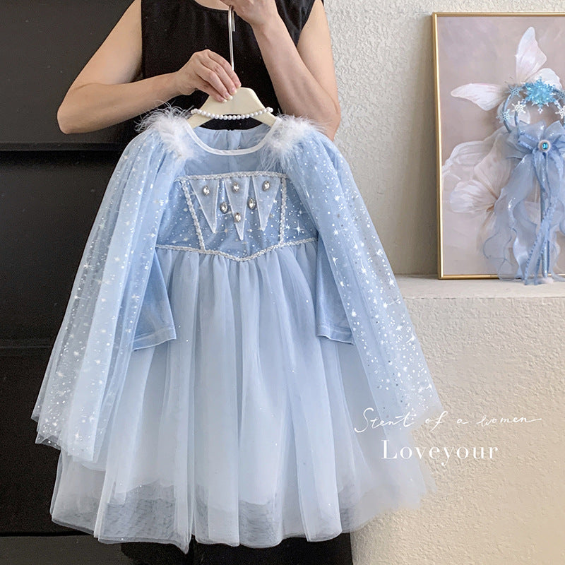 Female Treasure Fluffy Gauze Dress with Shawl Removable Frozen Dress