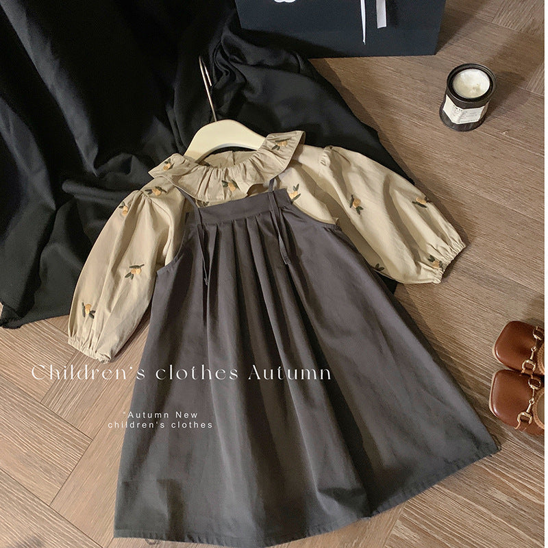 Korean version of children's clothing girls' suit 2025 spring children's foreign style retro embroidered lotus leaf collar shirt pleated strap skirt