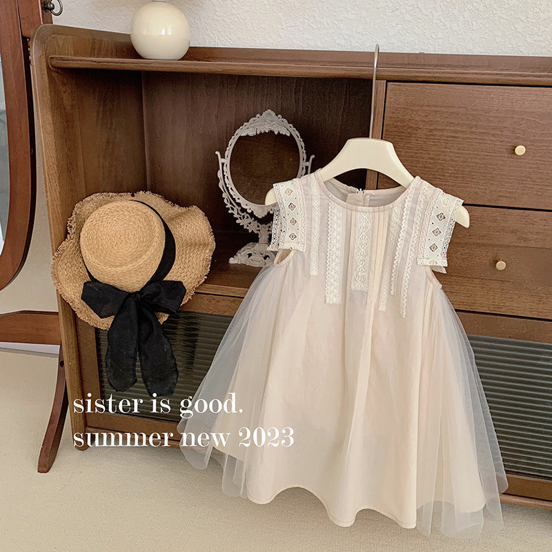 Beige mesh stitching large skirt sleeveless lace vest dress princess dress