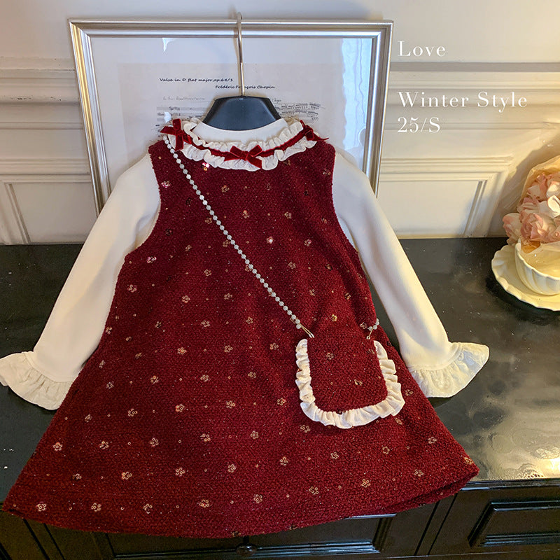 Girls Autumn and Winter Foreign Style Girls Sleeveless Fleece Sequin Fragrant Dress Bottom Fleece Top Two-piece Set