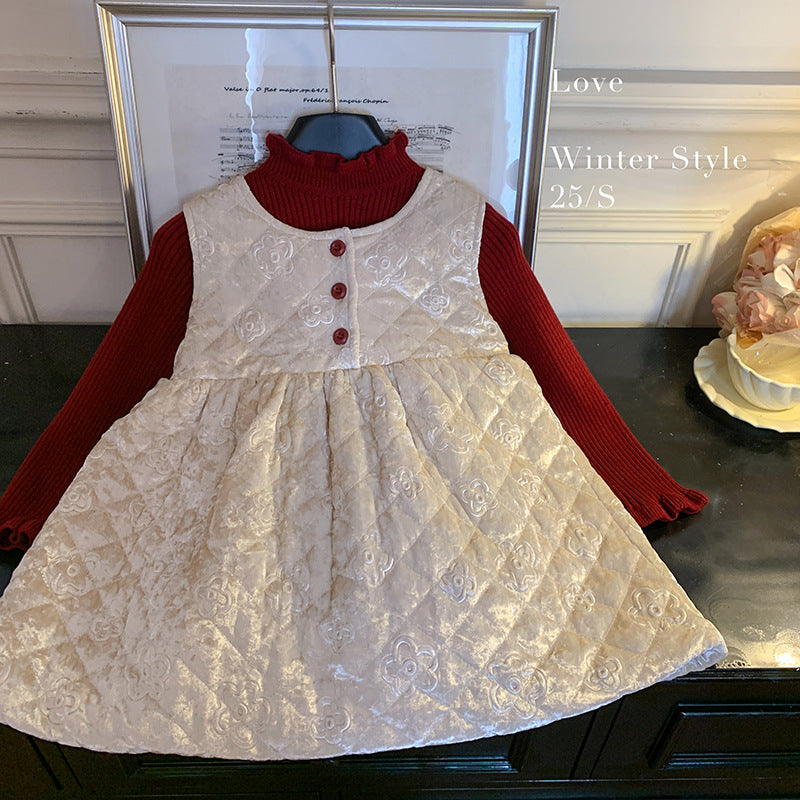 Korean version of girls' autumn and winter padded vest dress knitted top without velvet fashion foreign style two-piece set