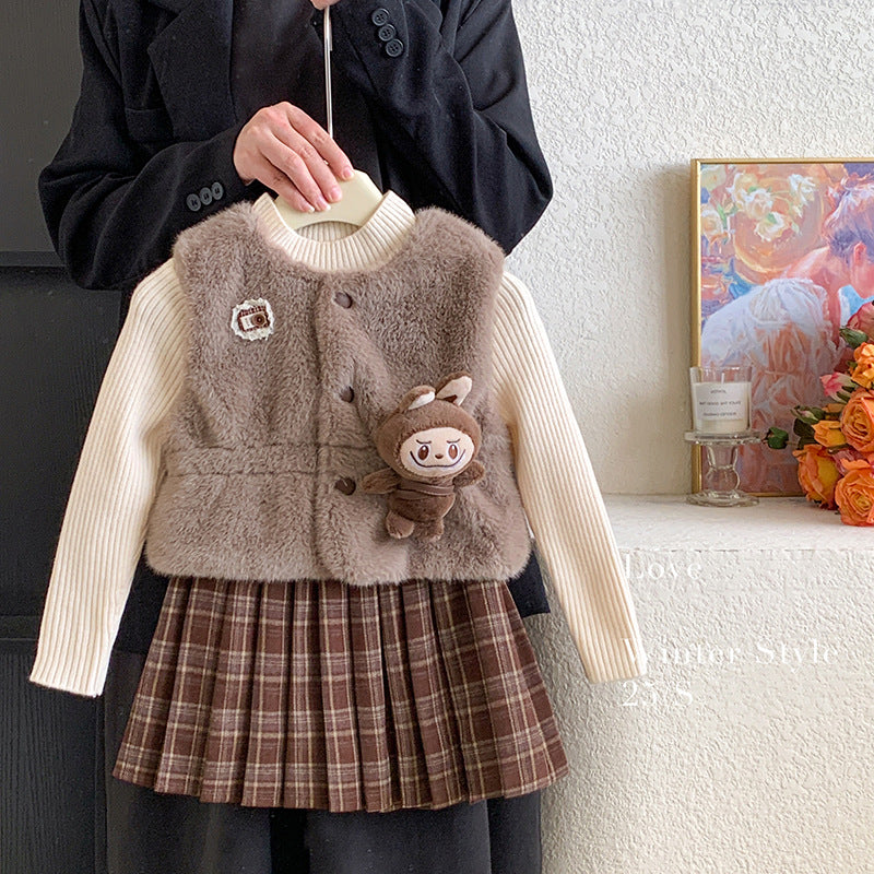 Girls dress autumn and winter 2025 new foreign style children's fur vest long-sleeved sweater plush skirt three-piece set
