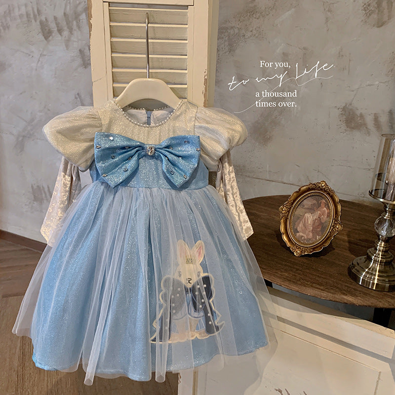 Korean version of girls' autumn bow sweet dress 2023 new children's mesh princess dress birthday dress dress dress