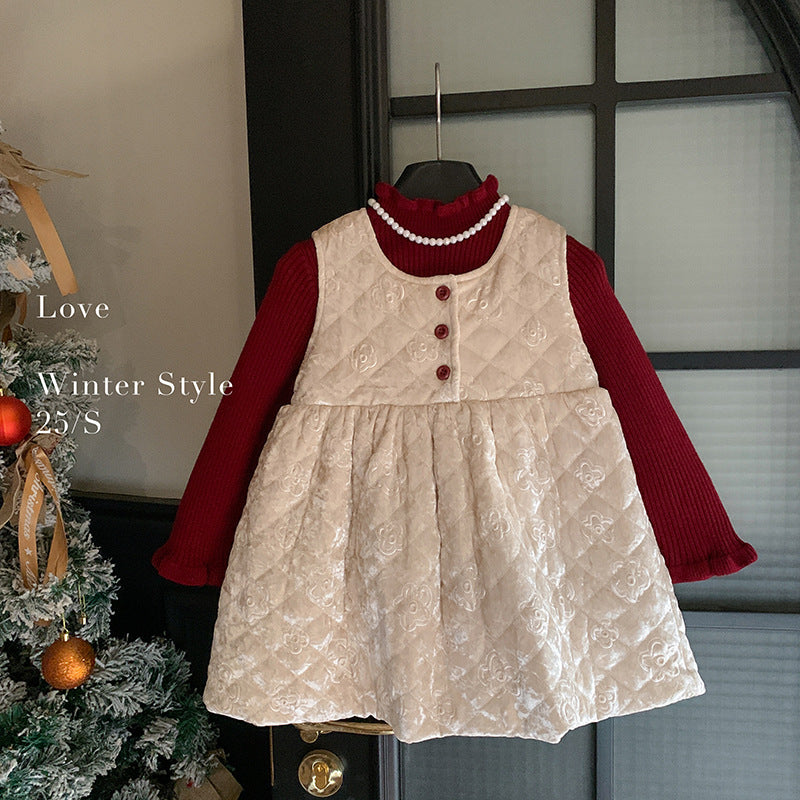 Korean version of girls' autumn and winter padded vest dress knitted top without velvet fashion foreign style two-piece set